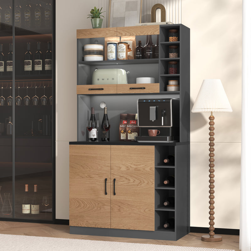 Armoire de Cuisine Polyvalente Grise/Naturelle avec Portes Vitrées LED, Rangement Ajustable et Espace Micro-ondes RIHLAIH