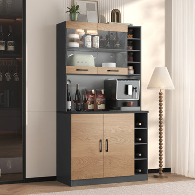 Armoire de Cuisine Polyvalente Grise/Naturelle avec Portes Vitrées LED, Rangement Ajustable et Espace Micro-ondes RIHLAIH