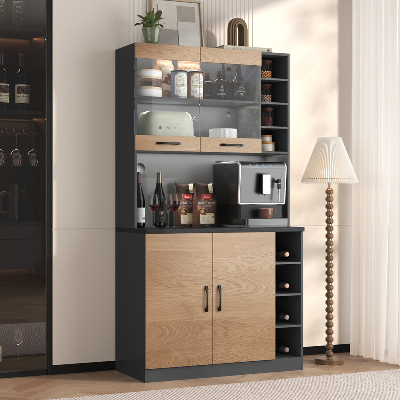 Armoire de Cuisine Polyvalente Grise/Naturelle avec Portes Vitrées LED, Rangement Ajustable et Espace Micro-ondes RIHLAIH