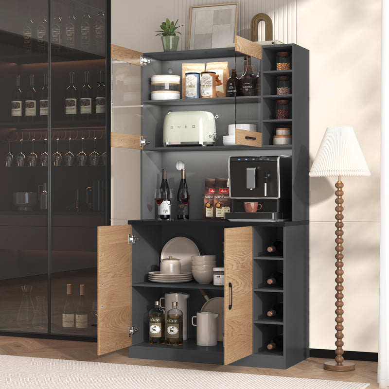 Armoire de Cuisine Polyvalente Grise/Naturelle avec Portes Vitrées LED, Rangement Ajustable et Espace Micro-ondes RIHLAIH