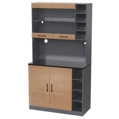 Armoire de Cuisine Polyvalente Grise/Naturelle avec Portes Vitrées LED, Rangement Ajustable et Espace Micro-ondes RIHLAIH