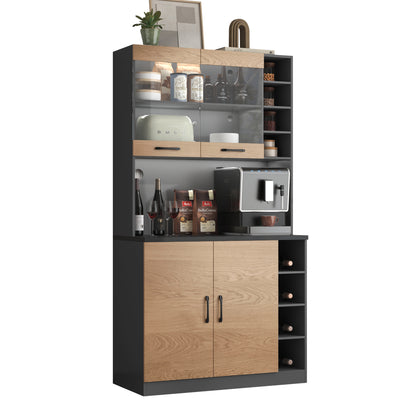 Armoire de Cuisine Polyvalente Grise/Naturelle avec Portes Vitrées LED, Rangement Ajustable et Espace Micro-ondes RIHLAIH