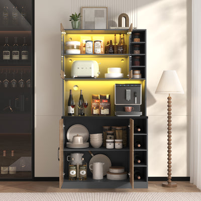 Armoire de Cuisine Polyvalente Grise/Naturelle avec Portes Vitrées LED, Rangement Ajustable et Espace Micro-ondes RIHLAIH