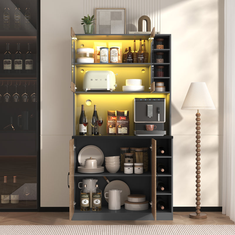 Armoire de Cuisine Polyvalente Grise/Naturelle avec Portes Vitrées LED, Rangement Ajustable et Espace Micro-ondes RIHLAIH
