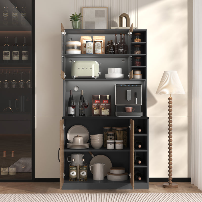 Armoire de Cuisine Polyvalente Grise/Naturelle avec Portes Vitrées LED, Rangement Ajustable et Espace Micro-ondes RIHLAIH