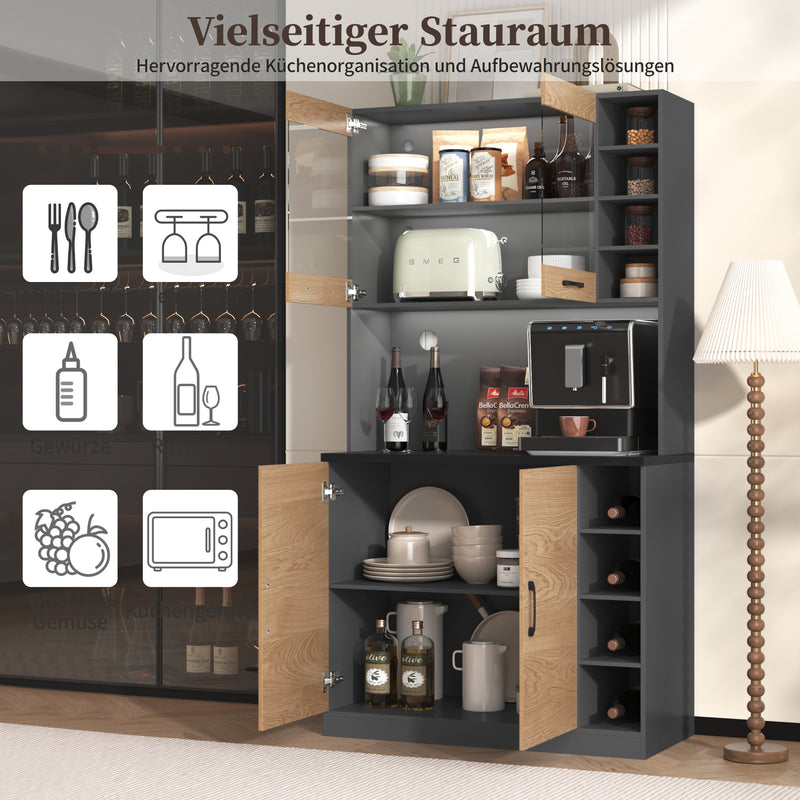 Armoire de Cuisine Polyvalente Grise/Naturelle avec Portes Vitrées LED, Rangement Ajustable et Espace Micro-ondes RIHLAIH