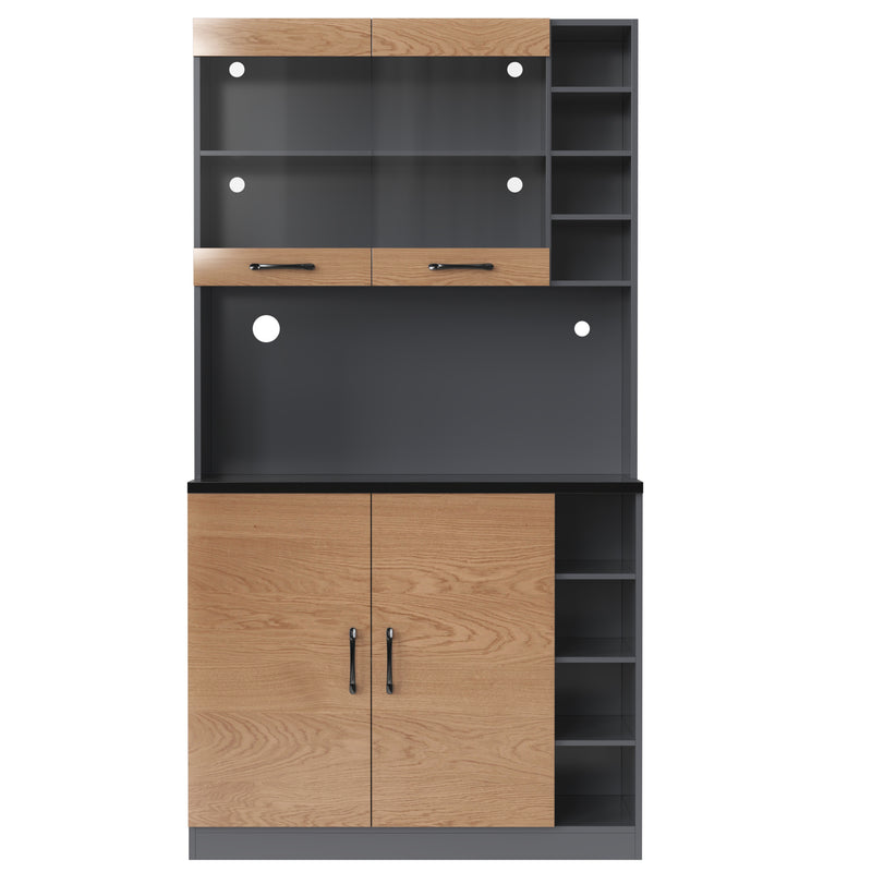 Armoire de Cuisine Polyvalente Grise/Naturelle avec Portes Vitrées LED, Rangement Ajustable et Espace Micro-ondes RIHLAIH