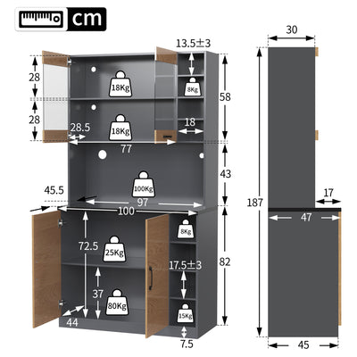 Armoire de Cuisine Polyvalente Grise/Naturelle avec Portes Vitrées LED, Rangement Ajustable et Espace Micro-ondes RIHLAIH