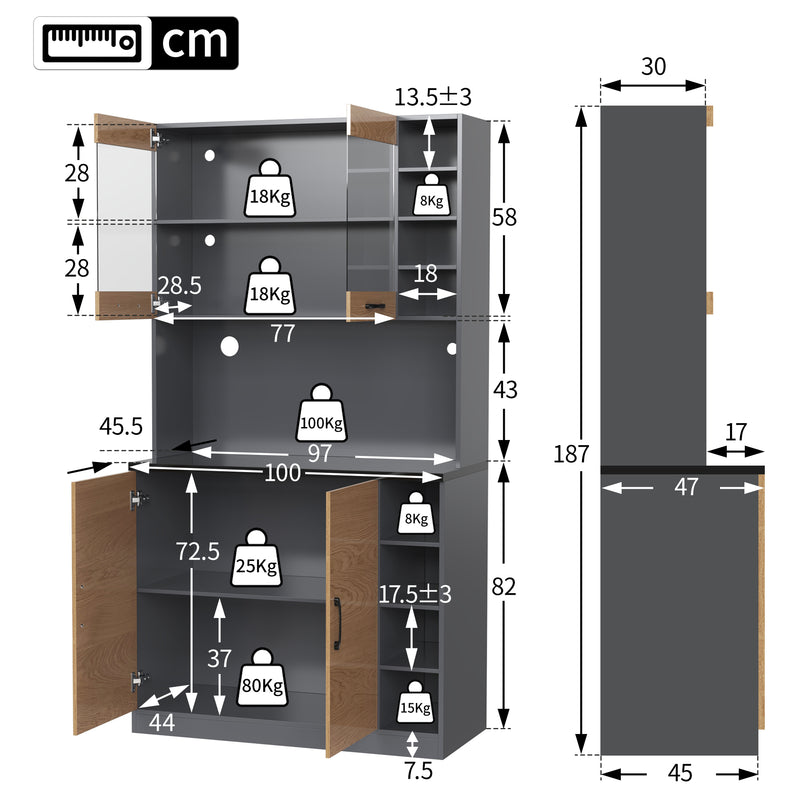 Armoire de Cuisine Polyvalente Grise/Naturelle avec Portes Vitrées LED, Rangement Ajustable et Espace Micro-ondes RIHLAIH