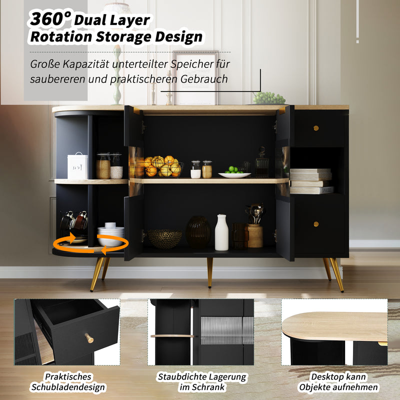 Buffet Multifonctionnel Noir avec Portes Vitrées et Compartiments Pivotants, Éclairage LED Intégré (130x40x80cm) RIPHRENS BLACK