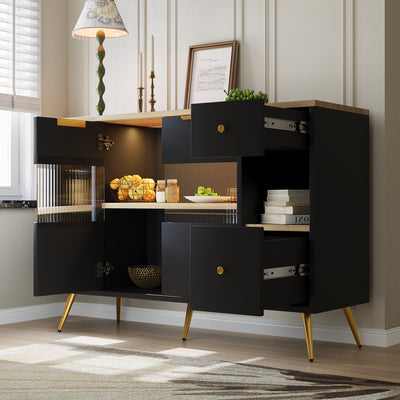 Buffet Multifonctionnel Noir avec Portes Vitrées et Compartiments Pivotants, Éclairage LED Intégré (130x40x80cm) RIPHRENS BLACK