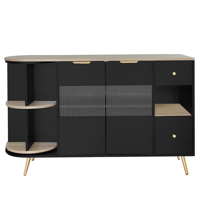 Buffet Multifonctionnel Noir avec Portes Vitrées et Compartiments Pivotants, Éclairage LED Intégré (130x40x80cm) RIPHRENS BLACK