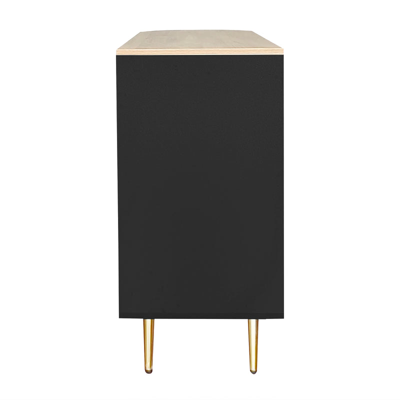 Buffet Multifonctionnel Noir avec Portes Vitrées et Compartiments Pivotants, Éclairage LED Intégré (130x40x80cm) RIPHRENS BLACK