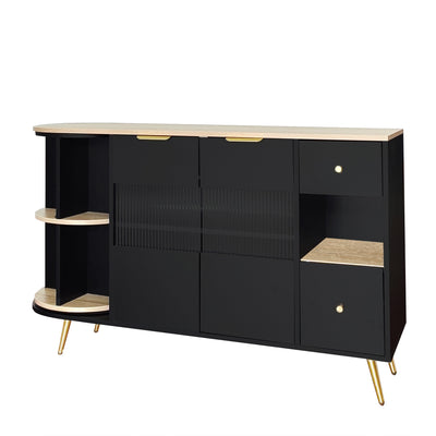 Buffet Multifonctionnel Noir avec Portes Vitrées et Compartiments Pivotants, Éclairage LED Intégré (130x40x80cm) RIPHRENS BLACK