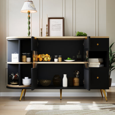 Buffet Multifonctionnel Noir avec Portes Vitrées et Compartiments Pivotants, Éclairage LED Intégré (130x40x80cm) RIPHRENS BLACK