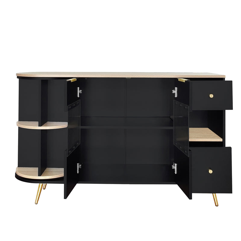 Buffet Multifonctionnel Noir avec Portes Vitrées et Compartiments Pivotants, Éclairage LED Intégré (130x40x80cm) RIPHRENS BLACK