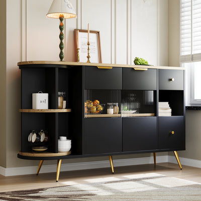 Buffet Multifonctionnel Noir avec Portes Vitrées et Compartiments Pivotants, Éclairage LED Intégré (130x40x80cm) RIPHRENS BLACK