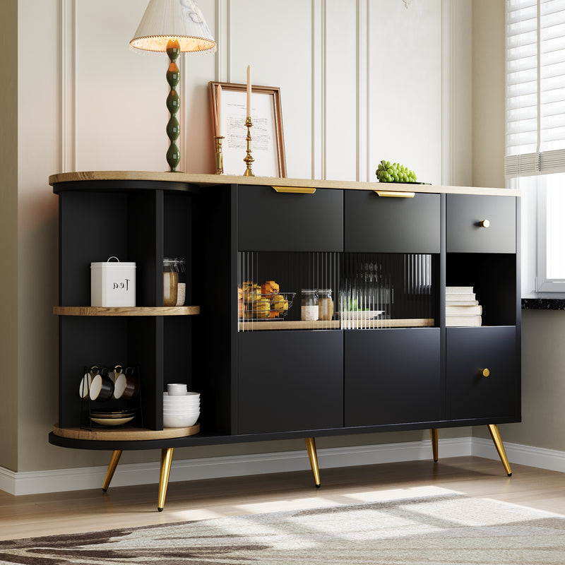 Buffet Multifonctionnel Noir avec Portes Vitrées et Compartiments Pivotants, Éclairage LED Intégré (130x40x80cm) RIPHRENS BLACK