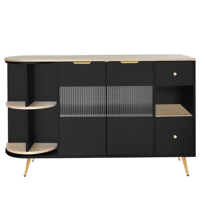Buffet Multifonctionnel Noir avec Portes Vitrées et Compartiments Pivotants, Éclairage LED Intégré (130x40x80cm) RIPHRENS BLACK