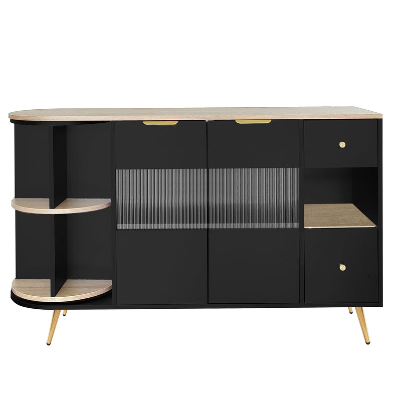 Buffet Multifonctionnel Noir avec Portes Vitrées et Compartiments Pivotants, Éclairage LED Intégré (130x40x80cm) RIPHRENS BLACK