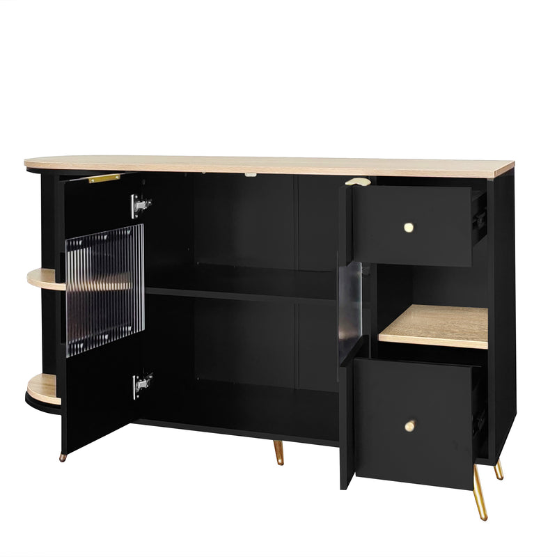 Buffet Multifonctionnel Noir avec Portes Vitrées et Compartiments Pivotants, Éclairage LED Intégré (130x40x80cm) RIPHRENS BLACK