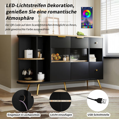 Buffet Multifonctionnel Noir avec Portes Vitrées et Compartiments Pivotants, Éclairage LED Intégré (130x40x80cm) RIPHRENS BLACK
