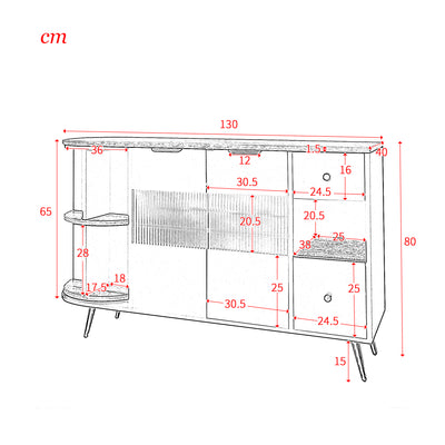 Buffet Multifonctionnel Noir avec Portes Vitrées et Compartiments Pivotants, Éclairage LED Intégré (130x40x80cm) RIPHRENS BLACK