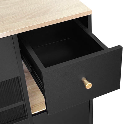 Buffet Multifonctionnel Noir avec Portes Vitrées et Compartiments Pivotants, Éclairage LED Intégré (130x40x80cm) RIPHRENS BLACK