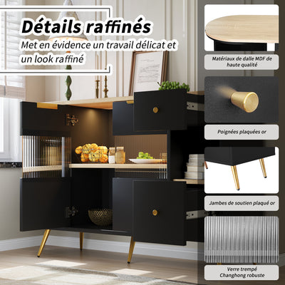 Buffet Multifonctionnel Noir avec Portes Vitrées et Compartiments Pivotants, Éclairage LED Intégré (130x40x80cm) RIPHRENS BLACK