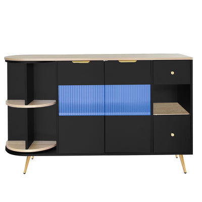 Buffet Multifonctionnel Noir avec Portes Vitrées et Compartiments Pivotants, Éclairage LED Intégré (130x40x80cm) RIPHRENS BLACK
