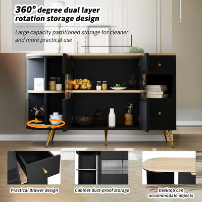 Buffet Multifonctionnel Noir avec Portes Vitrées et Compartiments Pivotants, Éclairage LED Intégré (130x40x80cm) RIPHRENS BLACK