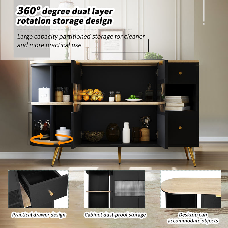 Buffet Multifonctionnel Noir avec Portes Vitrées et Compartiments Pivotants, Éclairage LED Intégré (130x40x80cm) RIPHRENS BLACK