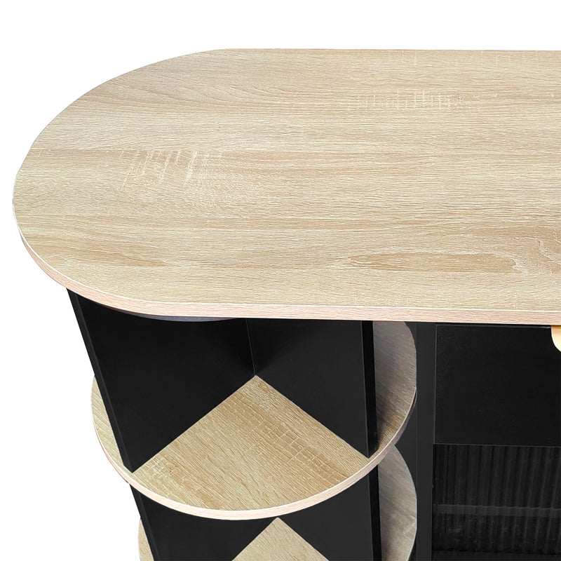 Buffet Multifonctionnel Noir avec Portes Vitrées et Compartiments Pivotants, Éclairage LED Intégré (130x40x80cm) RIPHRENS BLACK