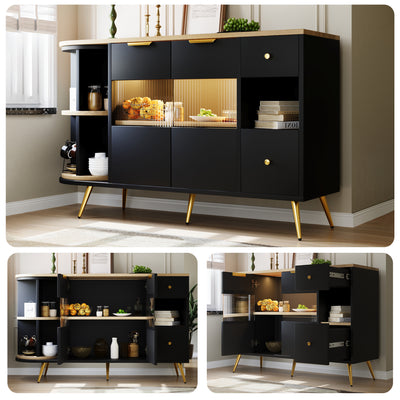 Buffet Multifonctionnel Noir avec Portes Vitrées et Compartiments Pivotants, Éclairage LED Intégré (130x40x80cm) RIPHRENS BLACK