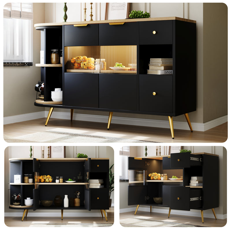 Buffet Multifonctionnel Noir avec Portes Vitrées et Compartiments Pivotants, Éclairage LED Intégré (130x40x80cm) RIPHRENS BLACK