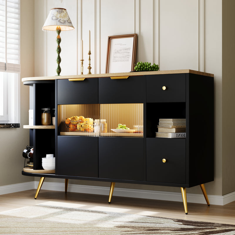 Buffet Multifonctionnel Noir avec Portes Vitrées et Compartiments Pivotants, Éclairage LED Intégré (130x40x80cm) RIPHRENS BLACK