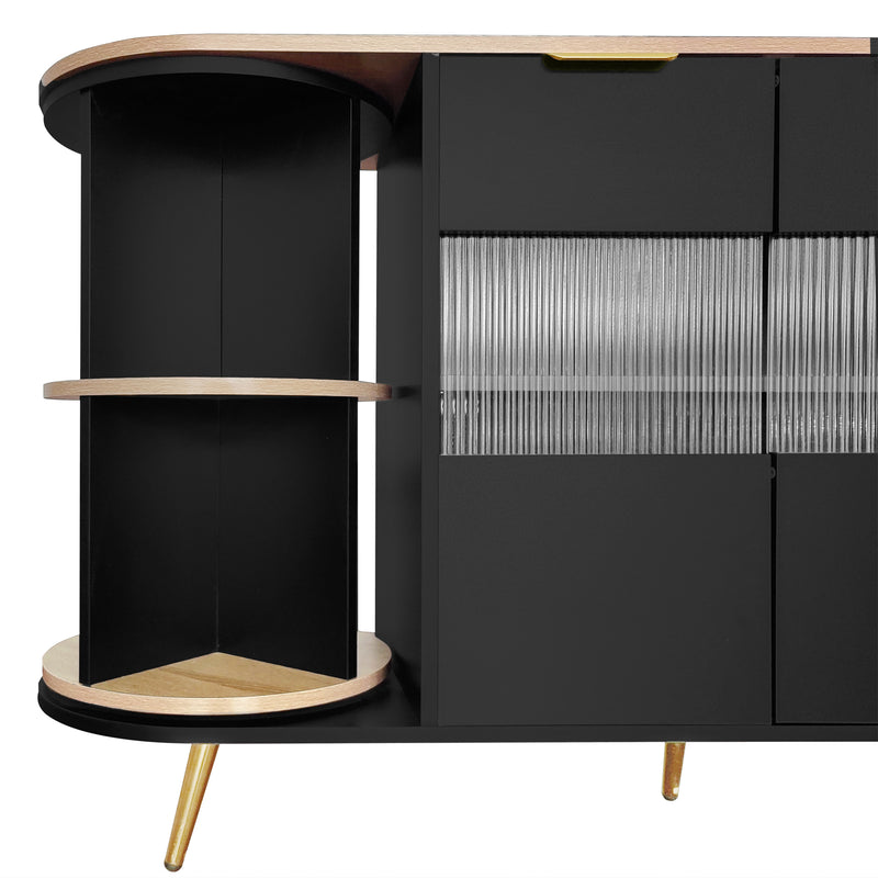 Buffet Multifonctionnel Noir avec Portes Vitrées et Compartiments Pivotants, Éclairage LED Intégré (130x40x80cm) RIPHRENS BLACK