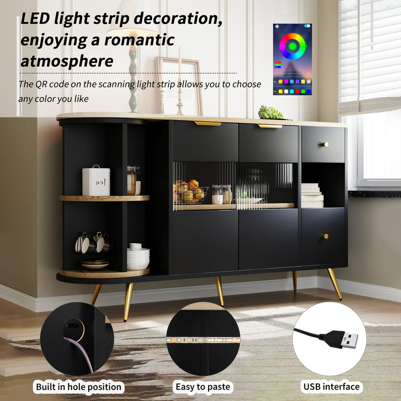 Buffet Multifonctionnel Noir avec Portes Vitrées et Compartiments Pivotants, Éclairage LED Intégré (130x40x80cm) RIPHRENS BLACK