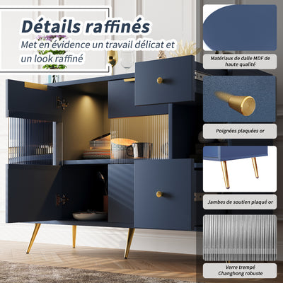 Buffet Multifonctionnel Bleu avec Portes Vitrées et Compartiments Pivotants, Éclairage LED Intégré (130x40x80cm) RIPHRENS BLUE