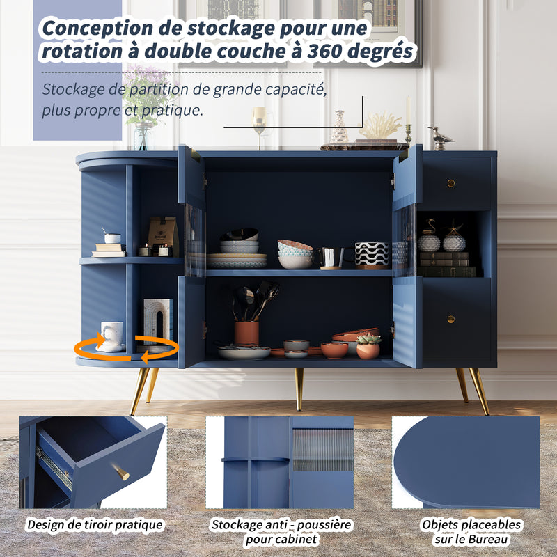 Buffet Multifonctionnel Bleu avec Portes Vitrées et Compartiments Pivotants, Éclairage LED Intégré (130x40x80cm) RIPHRENS BLUE