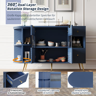 Buffet Multifonctionnel Bleu avec Portes Vitrées et Compartiments Pivotants, Éclairage LED Intégré (130x40x80cm) RIPHRENS BLUE