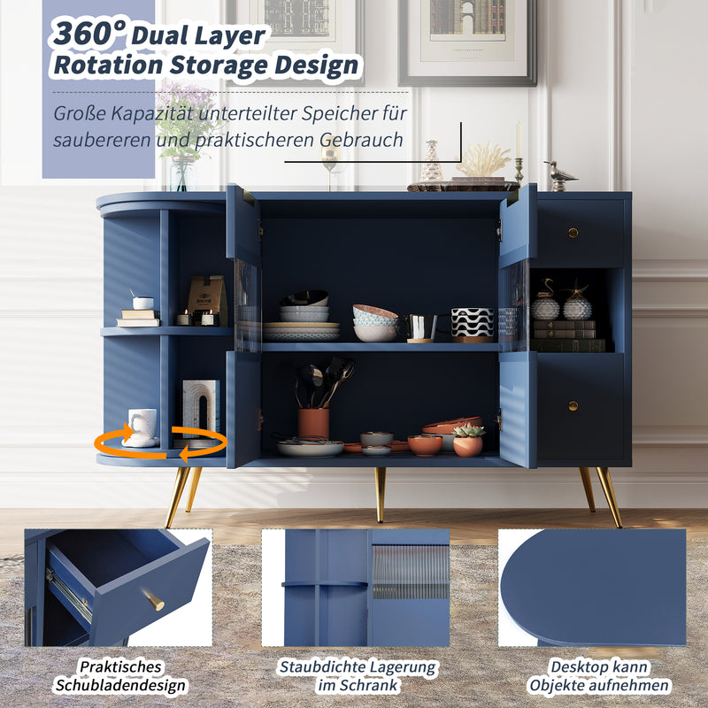 Buffet Multifonctionnel Bleu avec Portes Vitrées et Compartiments Pivotants, Éclairage LED Intégré (130x40x80cm) RIPHRENS BLUE