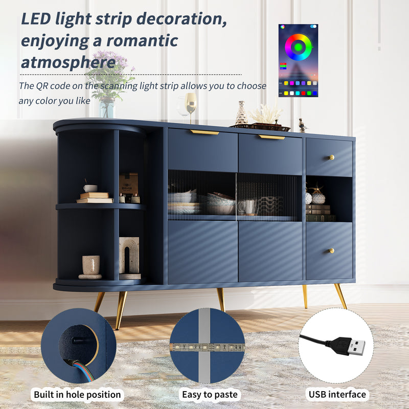 Buffet Multifonctionnel Bleu avec Portes Vitrées et Compartiments Pivotants, Éclairage LED Intégré (130x40x80cm) RIPHRENS BLUE
