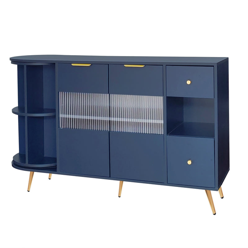 Buffet Multifonctionnel Bleu avec Portes Vitrées et Compartiments Pivotants, Éclairage LED Intégré (130x40x80cm) RIPHRENS BLUE