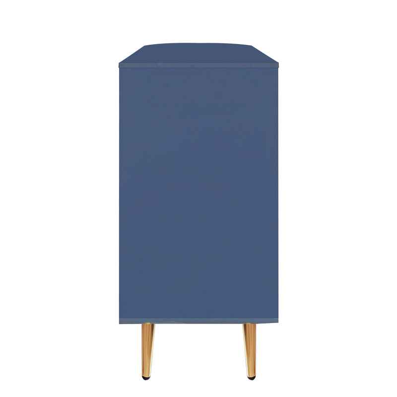 Buffet Multifonctionnel Bleu avec Portes Vitrées et Compartiments Pivotants, Éclairage LED Intégré (130x40x80cm) RIPHRENS BLUE