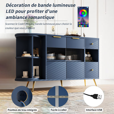 Buffet Multifonctionnel Bleu avec Portes Vitrées et Compartiments Pivotants, Éclairage LED Intégré (130x40x80cm) RIPHRENS BLUE