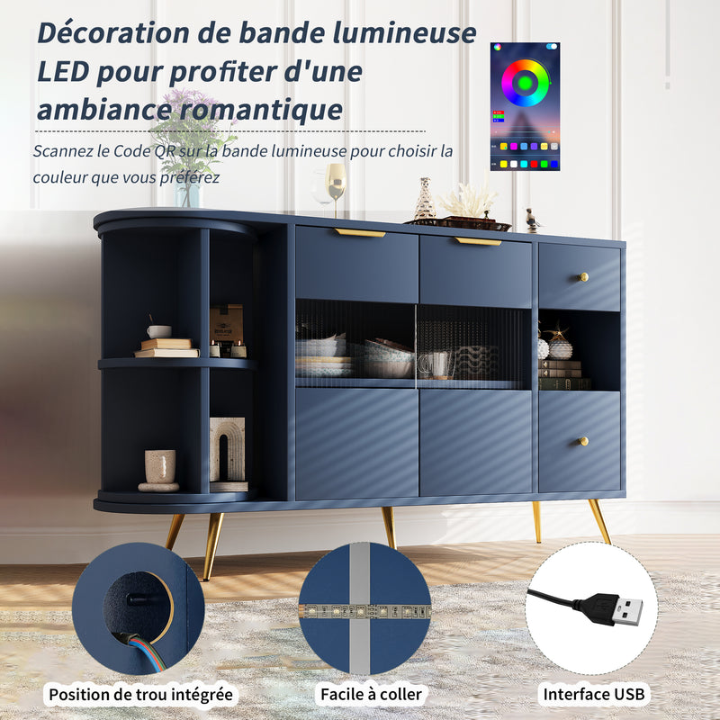 Buffet Multifonctionnel Bleu avec Portes Vitrées et Compartiments Pivotants, Éclairage LED Intégré (130x40x80cm) RIPHRENS BLUE