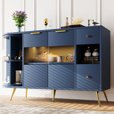 Buffet Multifonctionnel Bleu avec Portes Vitrées et Compartiments Pivotants, Éclairage LED Intégré (130x40x80cm) RIPHRENS BLUE