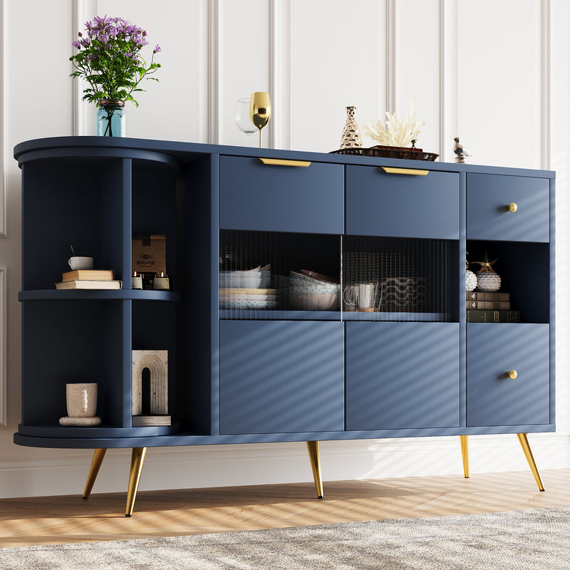 Buffet Multifonctionnel Bleu avec Portes Vitrées et Compartiments Pivotants, Éclairage LED Intégré (130x40x80cm) RIPHRENS BLUE