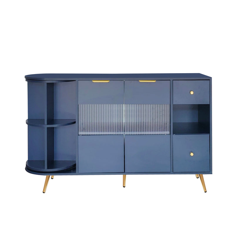 Buffet Multifonctionnel Bleu avec Portes Vitrées et Compartiments Pivotants, Éclairage LED Intégré (130x40x80cm) RIPHRENS BLUE